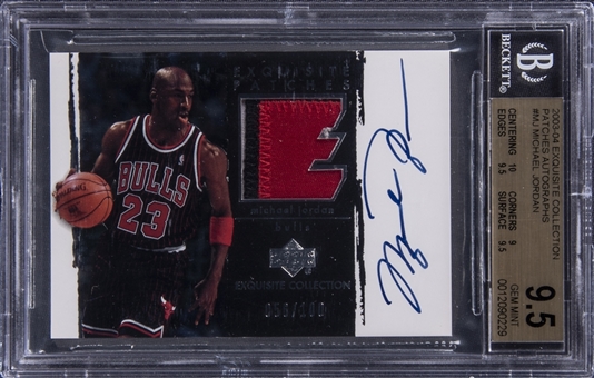2003-04 UD "Exquisite Collection" Patches Autographs #MJ Michael Jordan Signed Game Used Patch Card (#056/100) – BGS GEM MINT 9.5/BGS 10